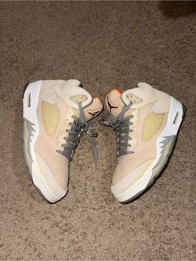 Jordan Women's High-Top Sneakers in Cream, Gray & Red Accents